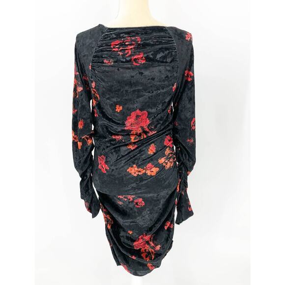 WAYF Women's Clique Velvet Minidress Medium Red Roses Ruched Long Sleeve NWT - Picture 8 of 12